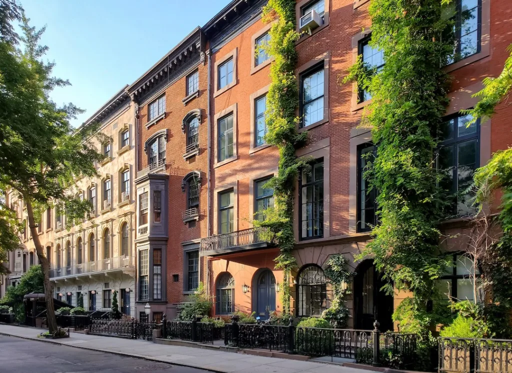 Historic block of old apartment buildings on 9th Street in the Greenwich Village neighborhood of Manhattan in New York City