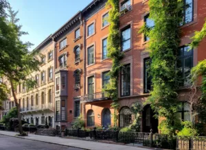 Historic block of old apartment buildings on 9th Street in the Greenwich Village neighborhood of Manhattan in New York City