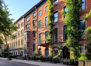 Historic block of old apartment buildings on 9th Street in the Greenwich Village neighborhood of Manhattan in New York City