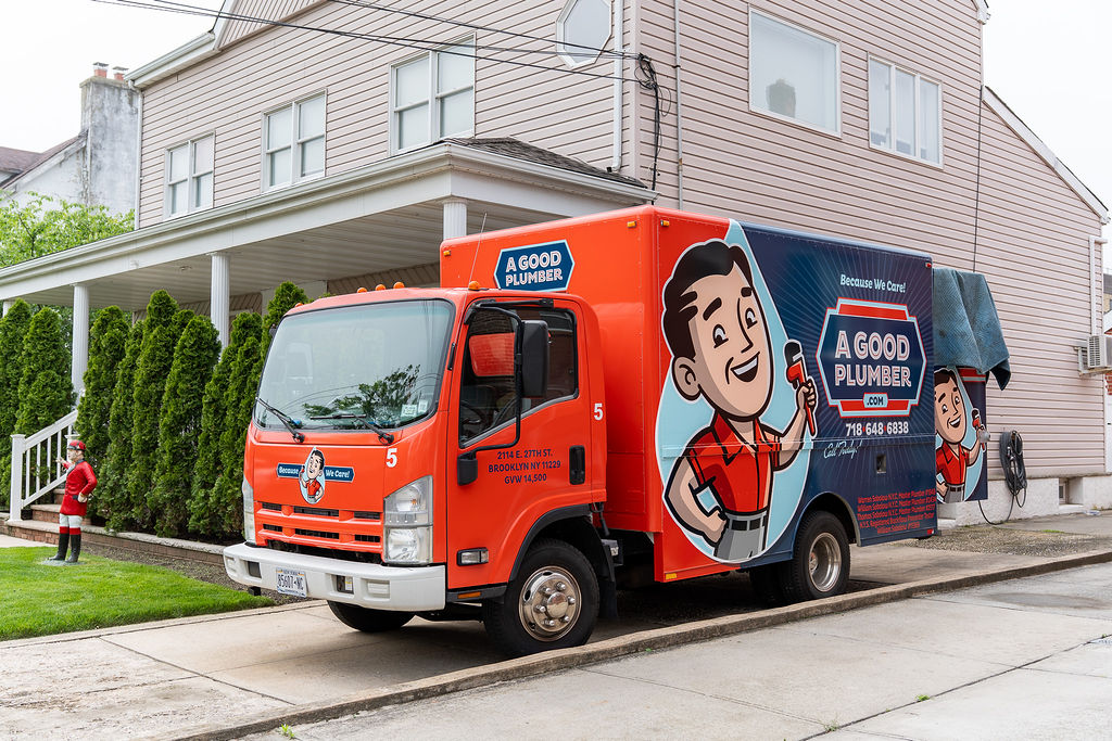 A Good Plumber truck outside a Brooklyn property