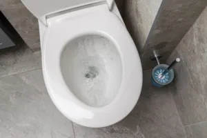 Water is running in the toilet in the bathroom, view from above.