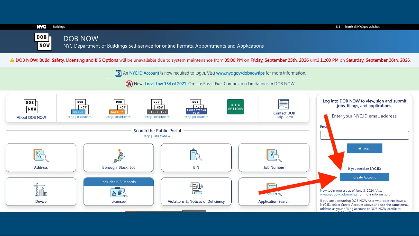 Select Create Account in the DOB NOW login panel.